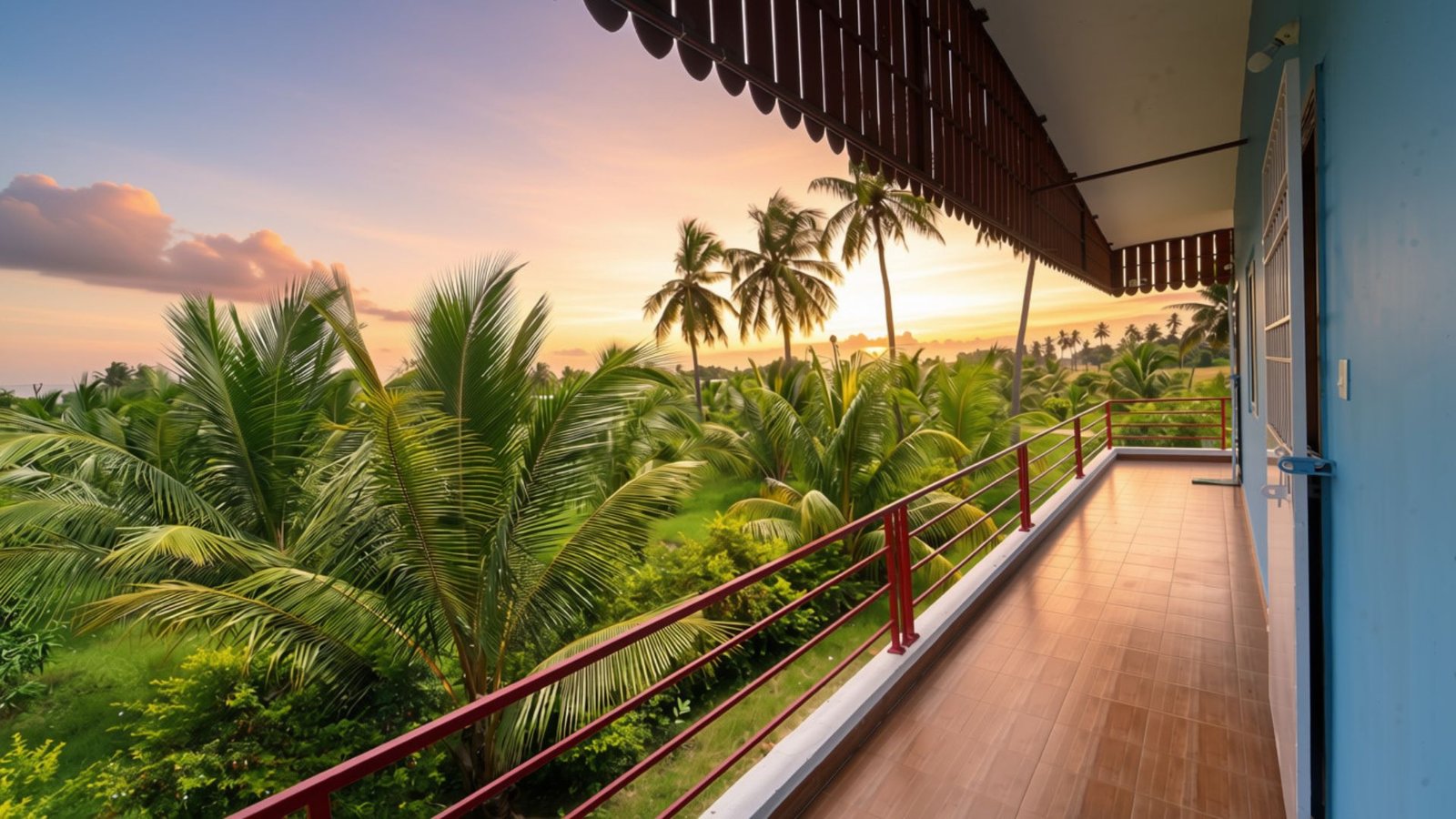 Balcony at sunset overlooking the coconut groves