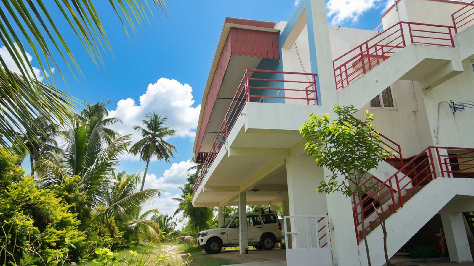 Approach and parking, framed by palms